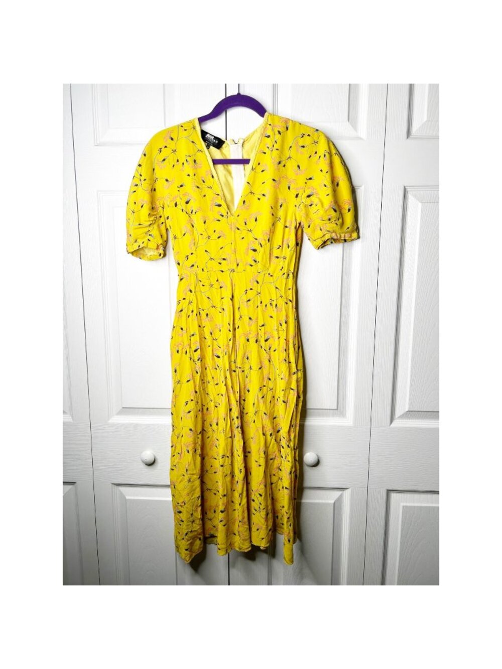 Rochas Yellow Floral Short Sleeve V-Neck Silk Midi Dress Women's Size IT 38
